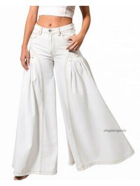 Women High Waist Bell Bottom Flare Jeans Stretch Wide Leg Pleated Denim Pants